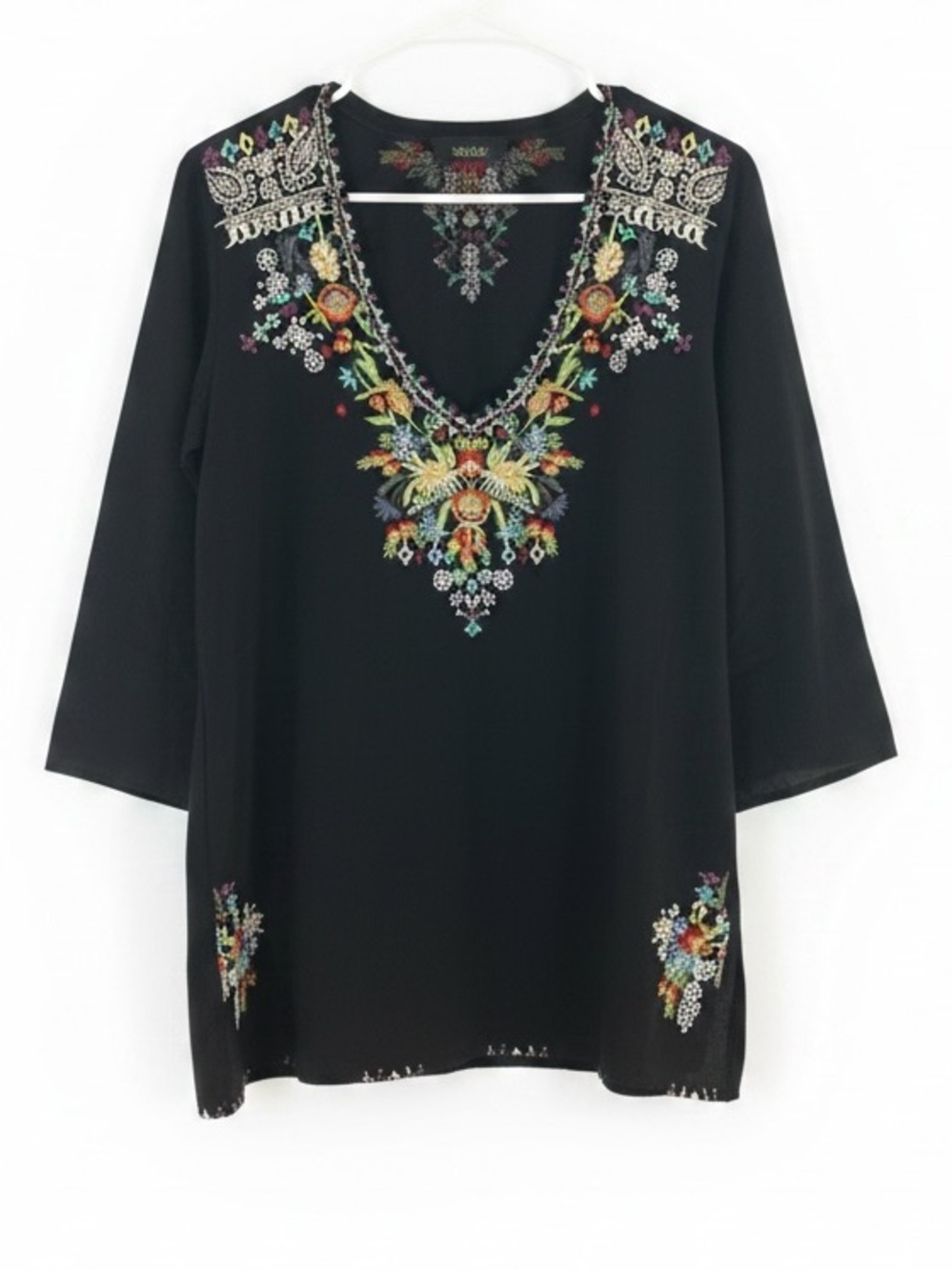 Johnny Was Black Embroidered V-Neck Long Sleeve Tunic Blouse